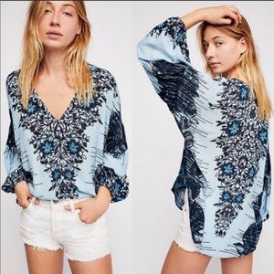 Free People Blue and Black Patterned Blouse